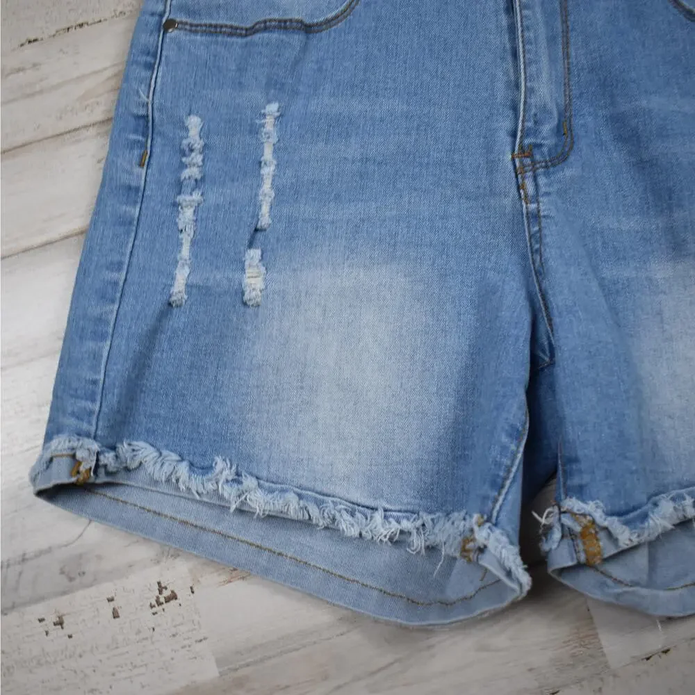 High Rise Distressed Denim Shorts Juniors M Blue Frayed Jean Cut Off Jorts Y2K